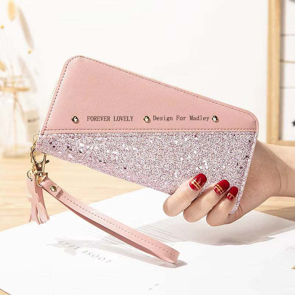 Fashion women's PU leather pink glitter wristlet wallet with tassel and gold studs