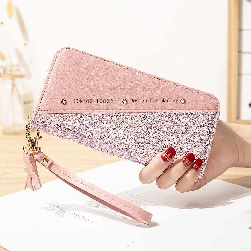Fashion women's PU leather pink glitter wristlet wallet with tassel and gold studs