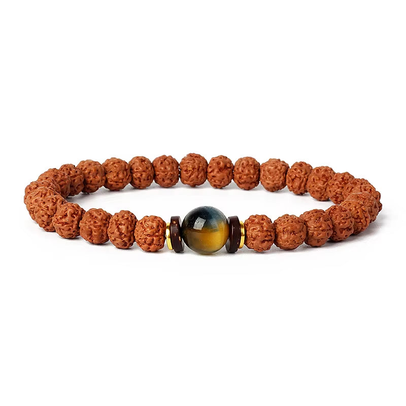 Royal Green Tiger Eye Vajra Rudraksha meditation beaded bracelet with natural 5 Mukhi Rudraksha beads